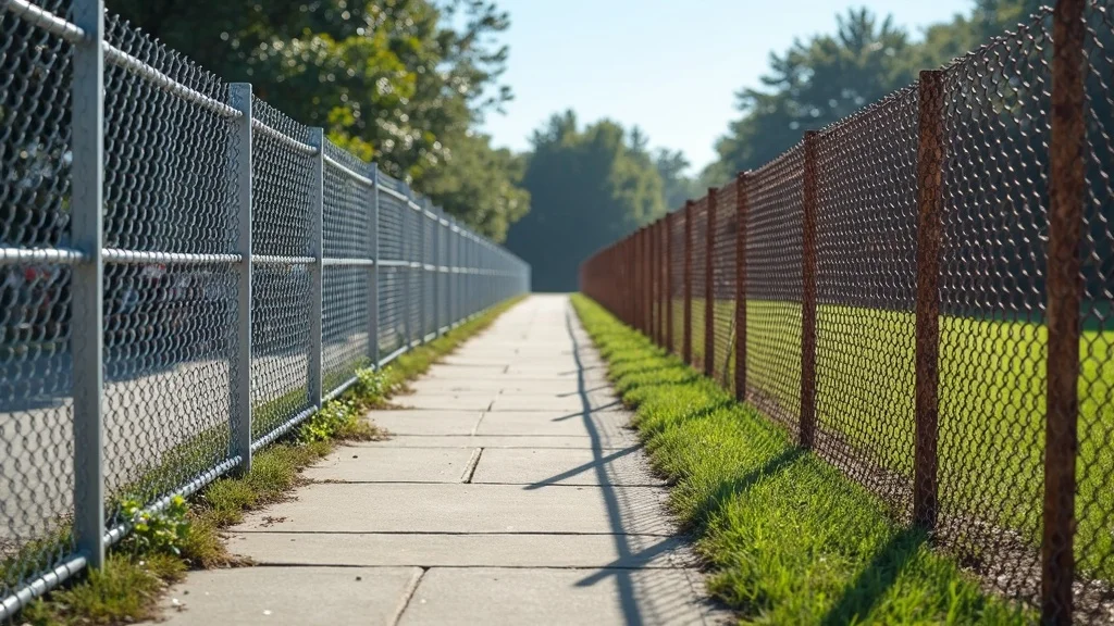 Comparison of good vs poor chain link fence installation for property security: robust, straight fence versus sagging, rusty example beside a driveway; demonstrating importance of quality chain link installation