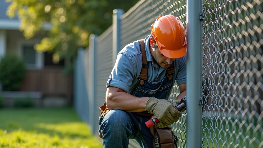 Protecting what matters: why quality chain link fence and gate installation still sets the standard for security and value, showing a professional installer precisely aligning chain link on steel posts in a suburban backyard with a new shiny fence under mid-morning sunlight