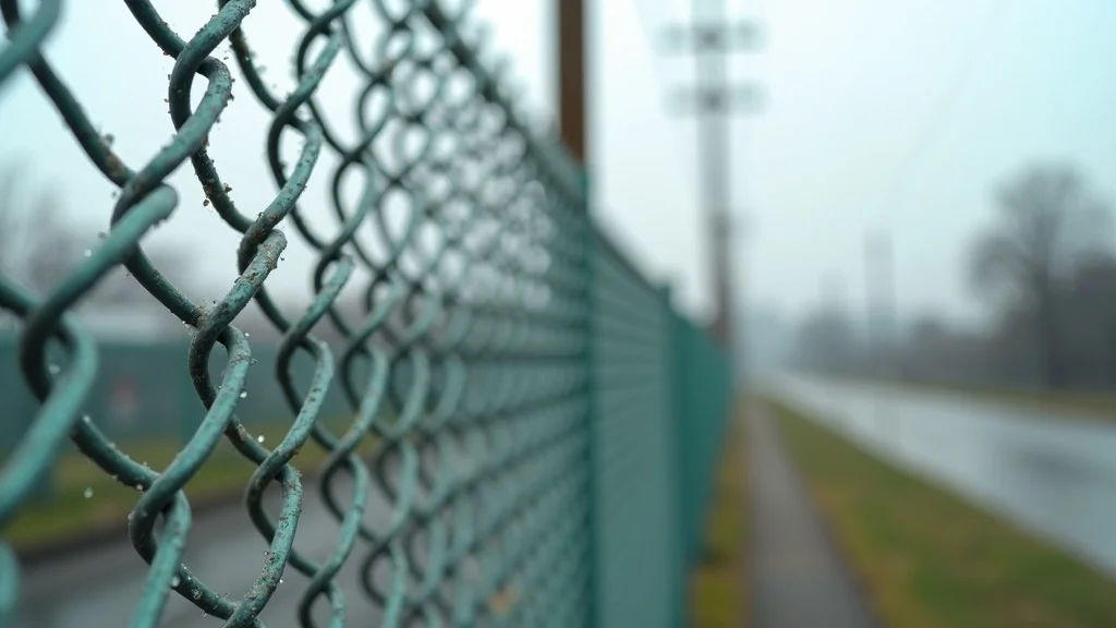 Close-up of galvanized thick chain link fence for best chain link fence security, showing detailed metallic texture and dew droplets on a secure commercial property edge