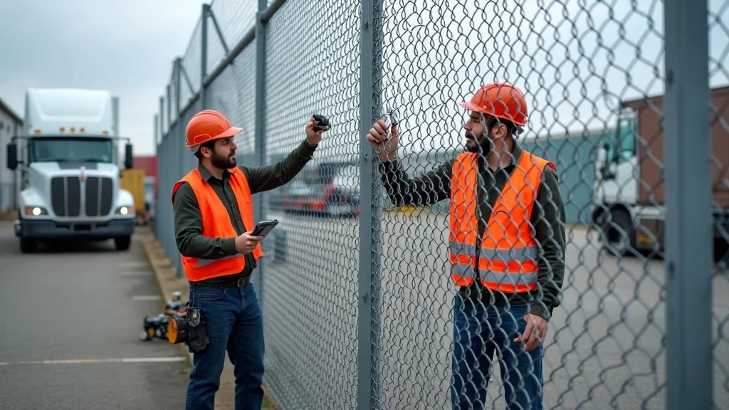 Experienced team from Viking Building Group installing chain link fence gate, demonstrating gate security with precise hinge alignment and modern installation tools in a professional commercial setting